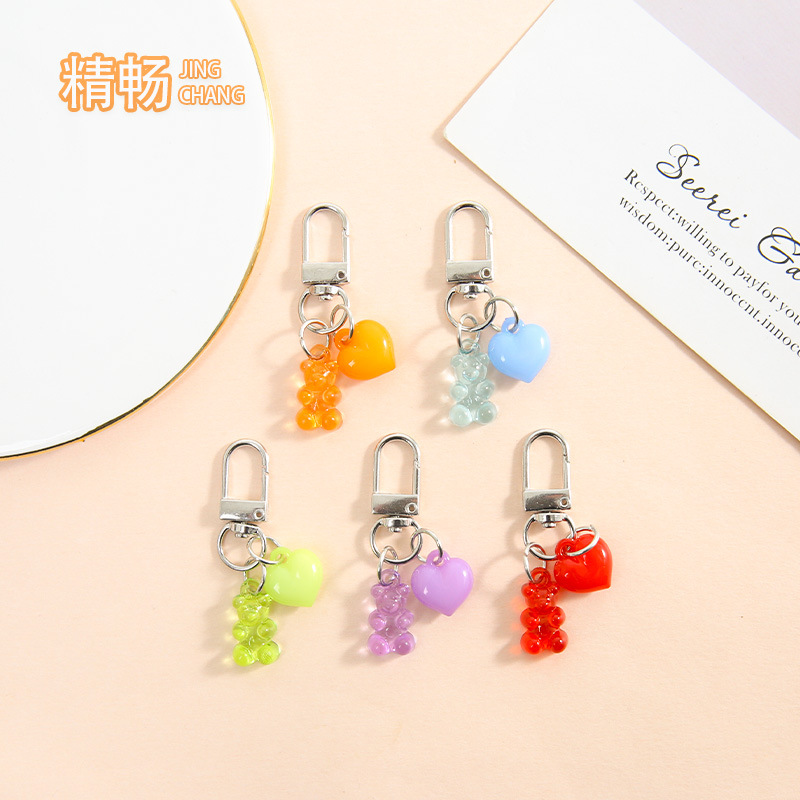New candy-colored transparent bear keychain peach heart jewelry pendant pendant creative versatile DIY jewelry wholesale