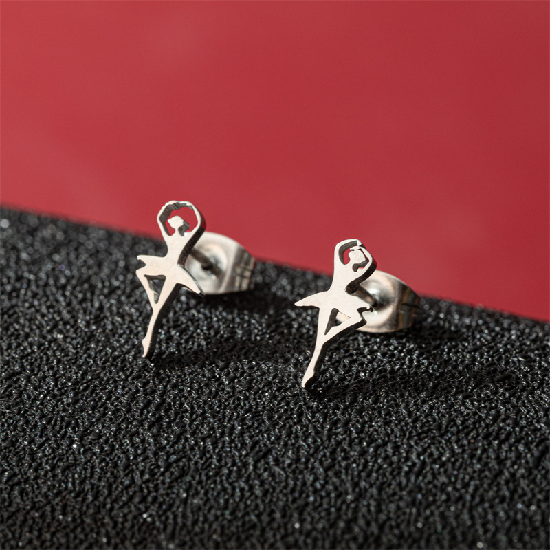 2026 New Cartoon Girl Small Earrings Mini Stainless Steel Cut Ballerina Girls Pierced Earrings Wholesale