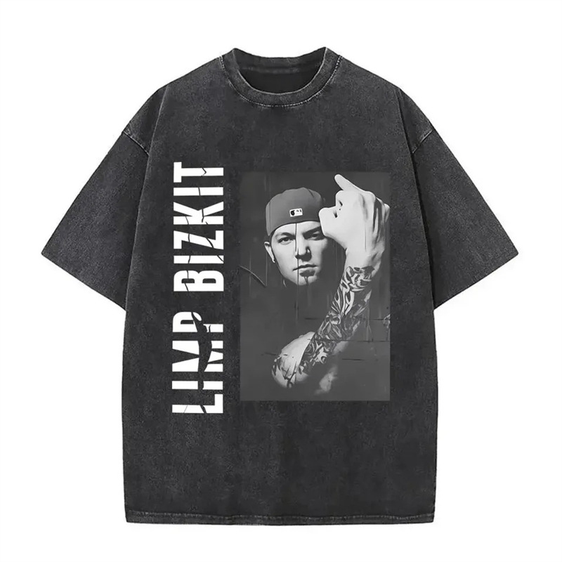 230g European size cross-border Men Clothing Acied Washed Tee Shirt Rock Band