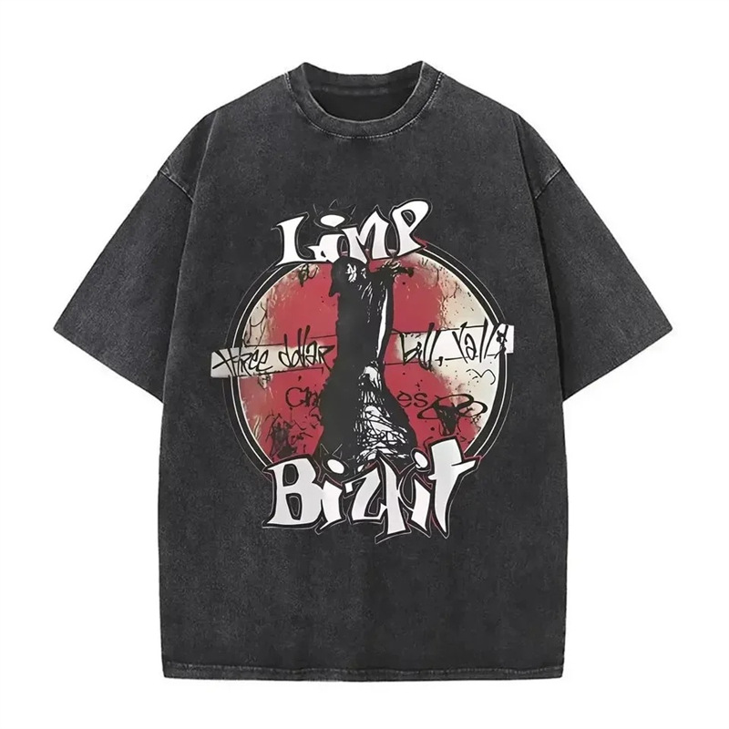 230g European size cross-border Men Clothing Acied Washed Tee Shirt Rock Band