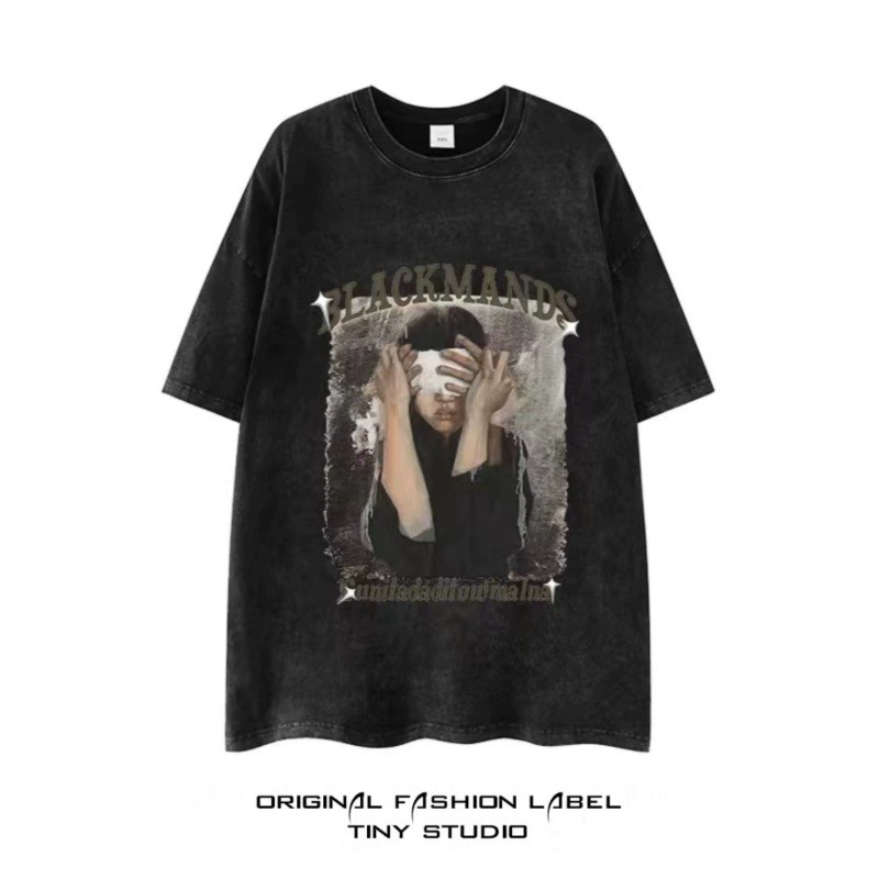 230g European size cross-border American trendy retro Yabi style washed short-sleeved T-shirt for men and women oversize couple loose