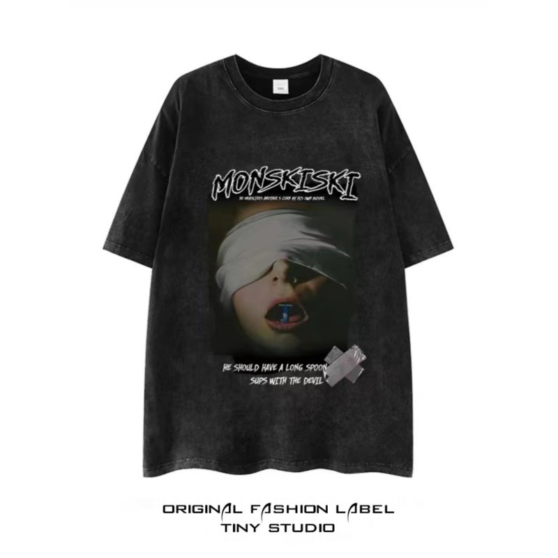 230g European size cross-border American trendy retro Yabi style washed short-sleeved T-shirt for men and women oversize couple loose