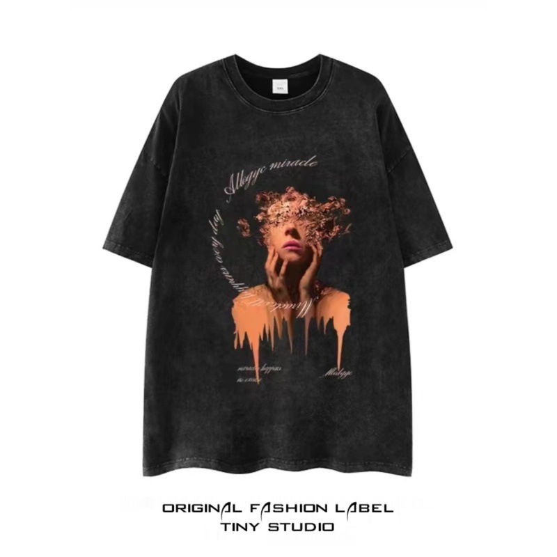 230g European size cross-border American trendy retro Yabi style washed short-sleeved T-shirt for men and women oversize couple loose