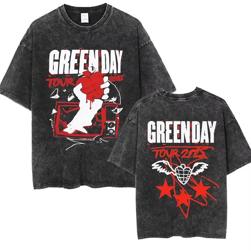 Cross-border 230g cotton Washed Vintage Punk Band Green Day T Shirts Men
