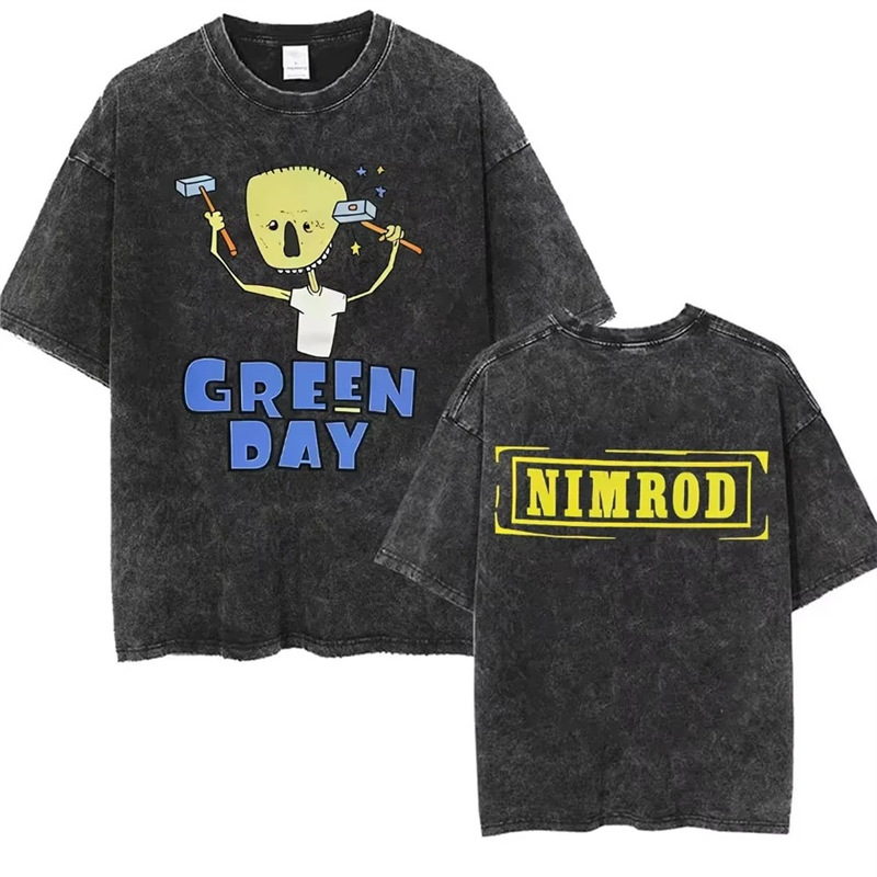 Cross-border 230g cotton Washed Vintage Punk Band Green Day T Shirts Men