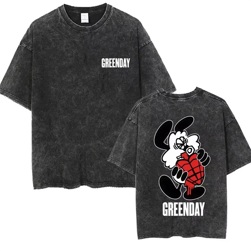 Cross-border 230g cotton Washed Vintage Punk Band Green Day T Shirts Men