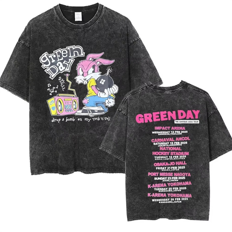 Cross-border 230g cotton Washed Vintage Punk Band Green Day T Shirts Men