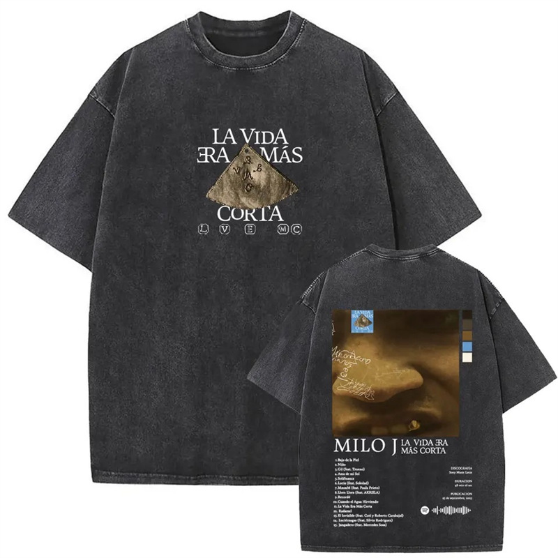 Cross-border 230g washed distressed cotton Washed Vintage Rapper Milo J La Vida Era M