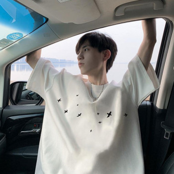 European code cross-border cotton 200g short-sleeved T-shirt men's pure cotton summer American trend loose oversize swallow print