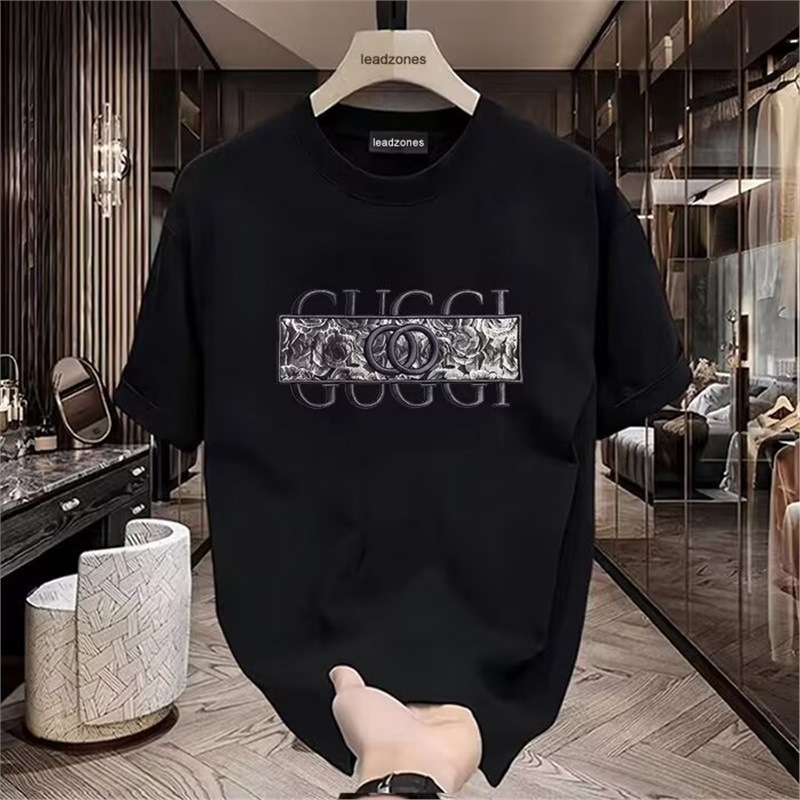 European cotton T-print T-shirt short-sleeved men's 2026 new summer casual trend popular slim high-end black