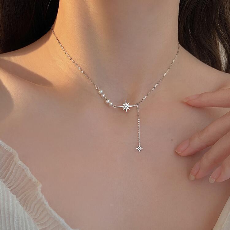 Eight-pointed star spliced ​​pearl necklace women's light luxury niche clavicle chain 2022 new style simple and high-end accessories