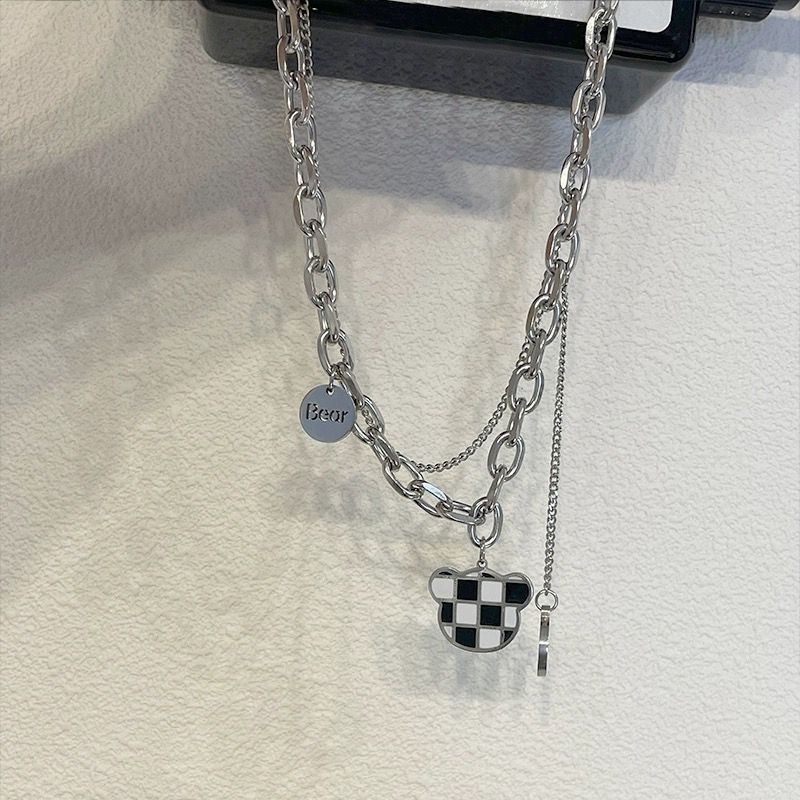 Cool trendy hip-hop female Japanese and Korean black and white plaid bear tassel medallion double layer necklace European and American cool style accessories