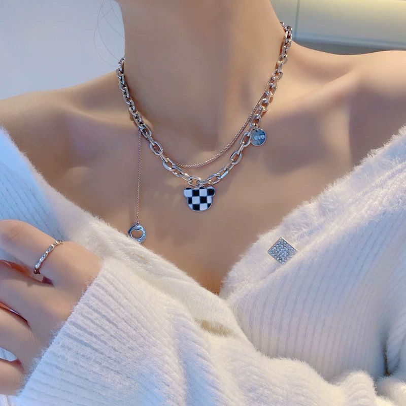 Cool trendy hip-hop female Japanese and Korean black and white plaid bear tassel medallion double layer necklace European and American cool style accessories