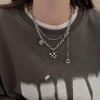 Cool trendy hip-hop female Japanese and Korean black and white plaid bear tassel medallion double layer necklace European and American cool style accessories