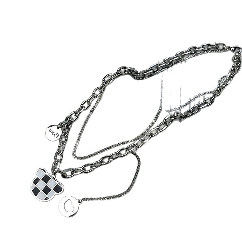 Cool trendy hip-hop female Japanese and Korean black and white plaid bear tassel medallion double layer necklace European and American cool style accessories