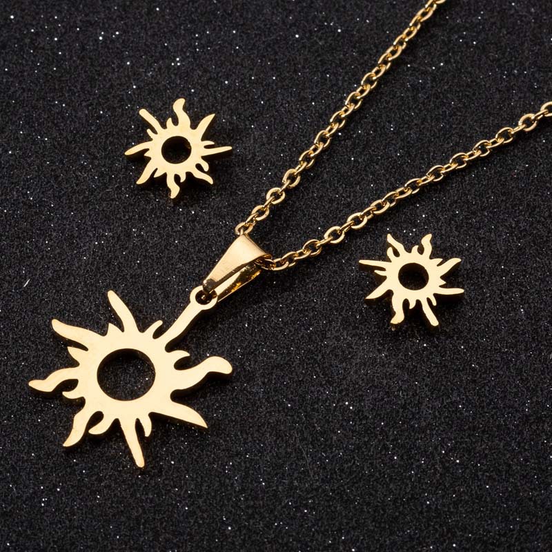 European and American cross-border solar system three-piece set for women, simple, fresh, hollow sun clavicle chain earrings, spot wholesale