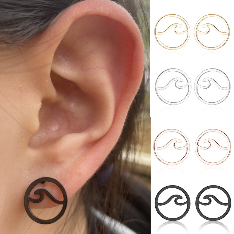 European and American cross-border fashion simple wave wave earrings summer small fresh stainless steel hollow geometric round earrings