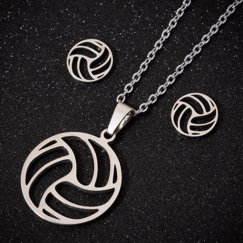 New men's and women's sports series stainless steel volleyball clavicle chain earrings three-piece set jewelry wholesale spot wholesale
