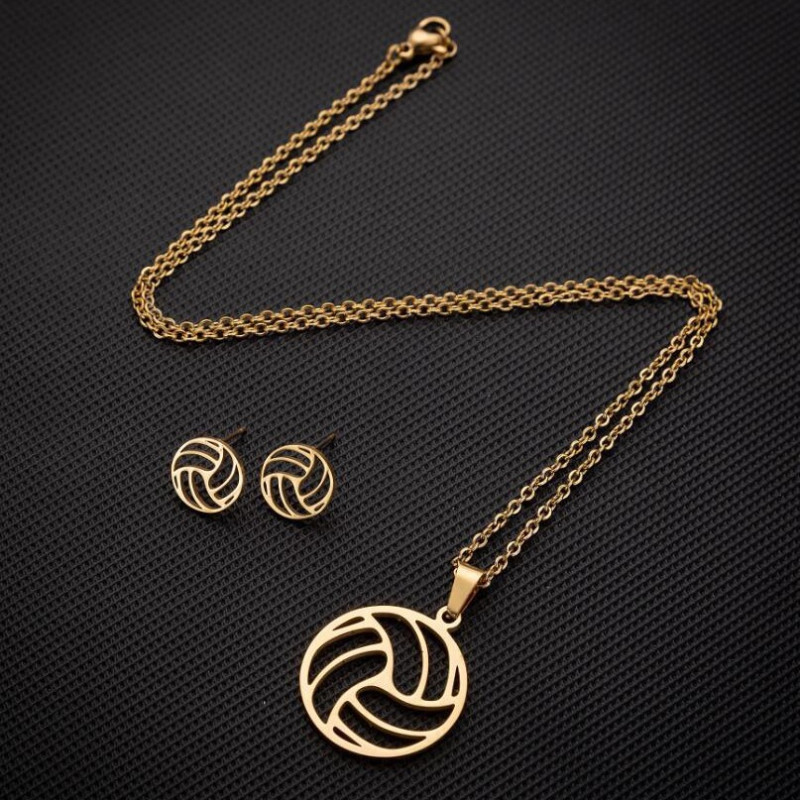 New men's and women's sports series stainless steel volleyball clavicle chain earrings three-piece set jewelry wholesale spot wholesale