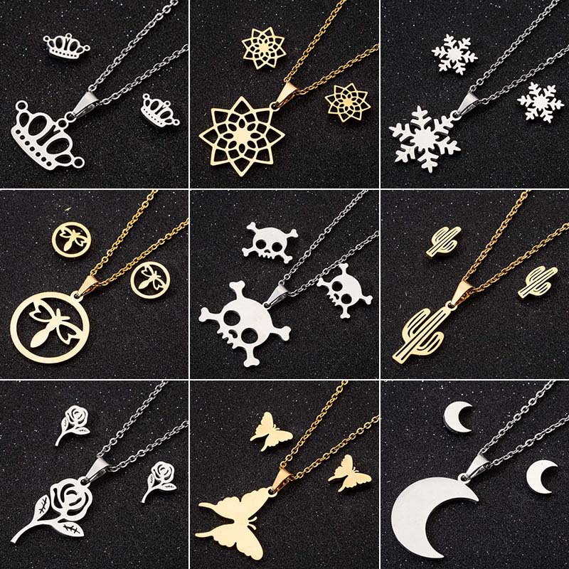 Summer cross-border new crown snowflake cactus skull moon flower butterfly dragonfly geometric earrings necklace