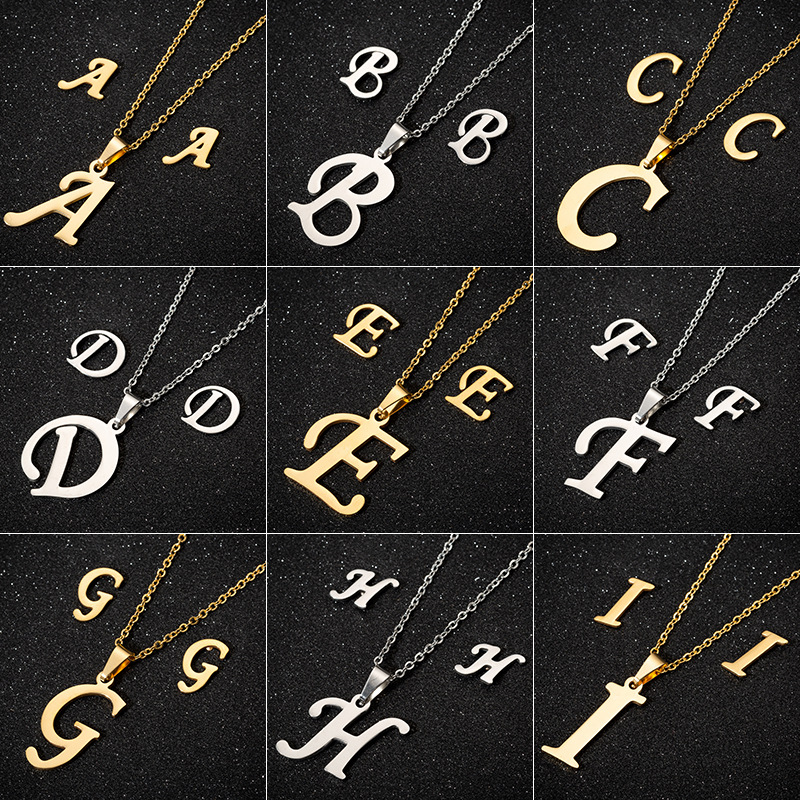 European and American retro 26 English letters earrings necklace three-piece set women's fashion new jewelry wholesale