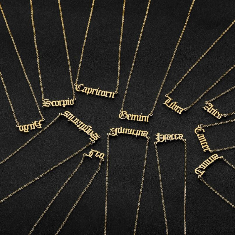 European and American style new simple stainless steel twelve constellations English letters sweater necklace women's color-preserving clavicle chain versatile