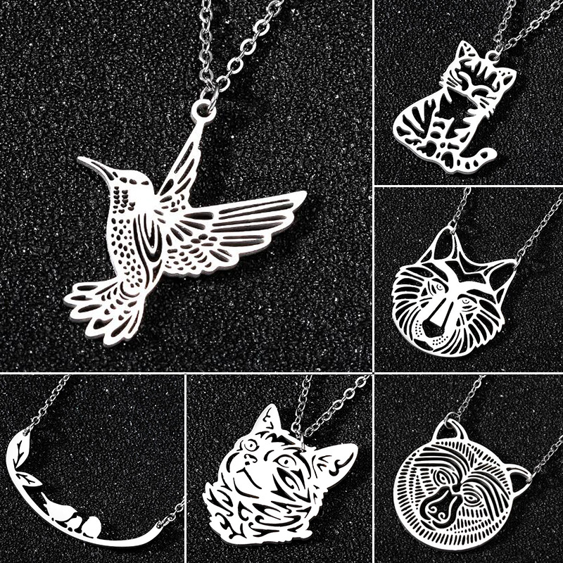 New stainless steel hollow cat and bear necklace for women, versatile bird and lion pendant, clavicle chain wholesale