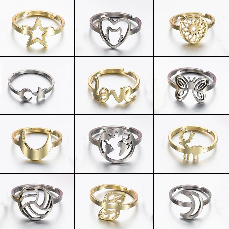 European and American cross-border new stainless steel geometric retro ring opening adjustable star and moon hand jewelry spot wholesale
