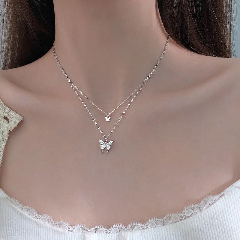 ins cold style butterfly double-layer necklace, non-fading, trendy clavicle chain, temperament stacked necklace, internet celebrity, versatile women's model