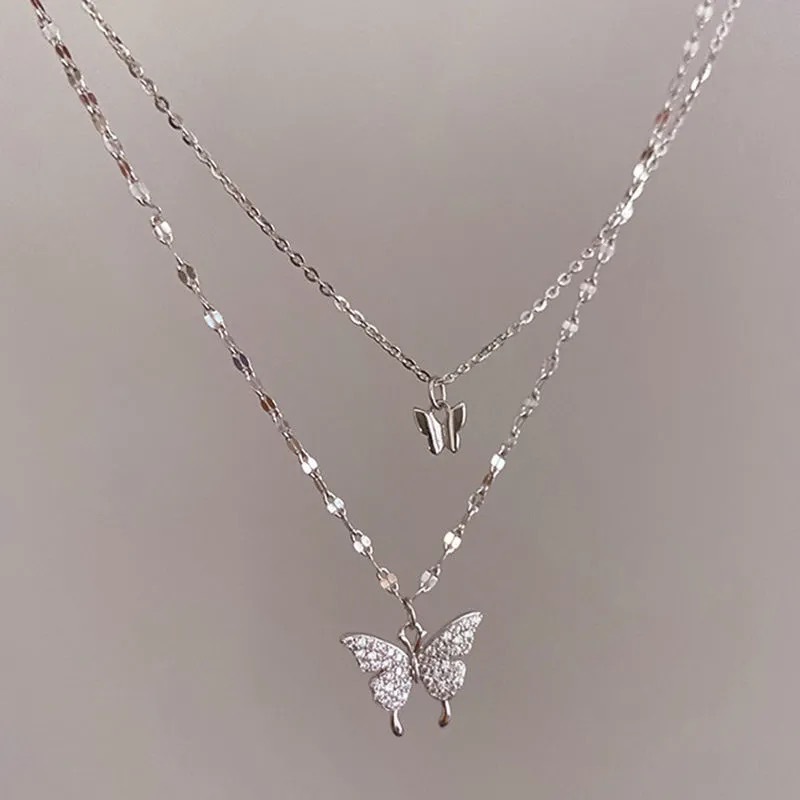 ins cold style butterfly double-layer necklace, non-fading, trendy clavicle chain, temperament stacked necklace, internet celebrity, versatile women's model
