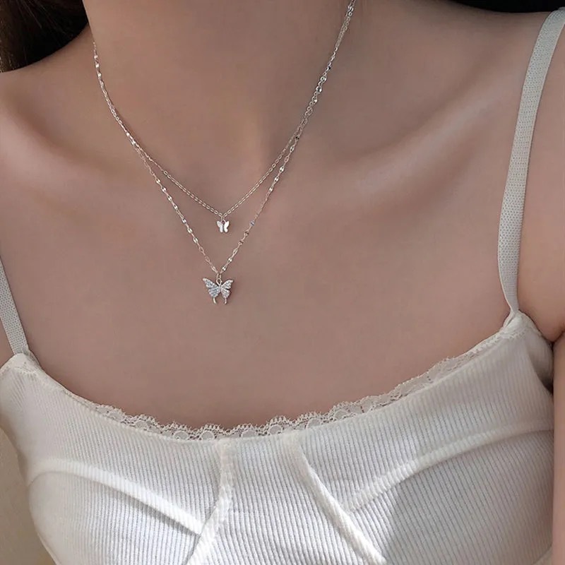 ins cold style butterfly double-layer necklace, non-fading, trendy clavicle chain, temperament stacked necklace, internet celebrity, versatile women's model