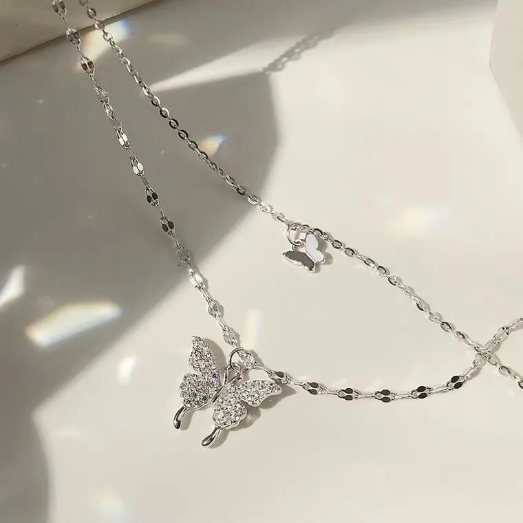 ins cold style butterfly double-layer necklace, non-fading, trendy clavicle chain, temperament stacked necklace, internet celebrity, versatile women's model