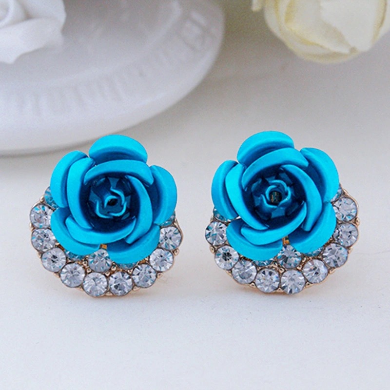 Rose flower earrings for women short S925 silver needle large flower earrings temperament new versatile short hair earrings earrings