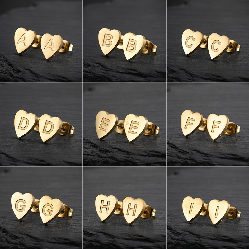Retro Earrings Fashion Stainless Steel New Geometric Simple Love Shaped Earrings 26 English Letters Earrings Wholesale