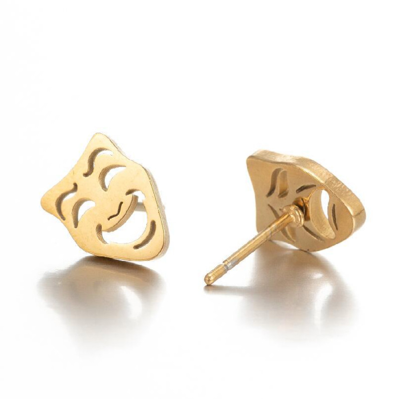 Fashionable black smiley face earrings, feminine style, Korean simple and cool style, asymmetrical crying smiley face ear bone nail ins