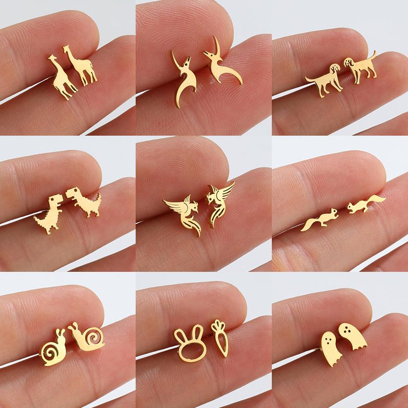 European and American Amazon new animal earrings retro ins style 18K gold cute ghost dinosaur giraffe earrings