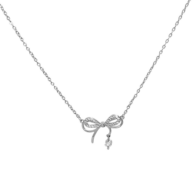 Korean bow necklace silver geometric pendant small fresh diamond birthday gift niche design versatile jewelry