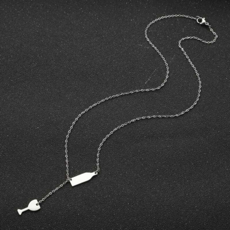 Sweet and fashionable new stainless steel pendant necklace ins women's red wine glass bottle double pendant clavicle chain wholesale
