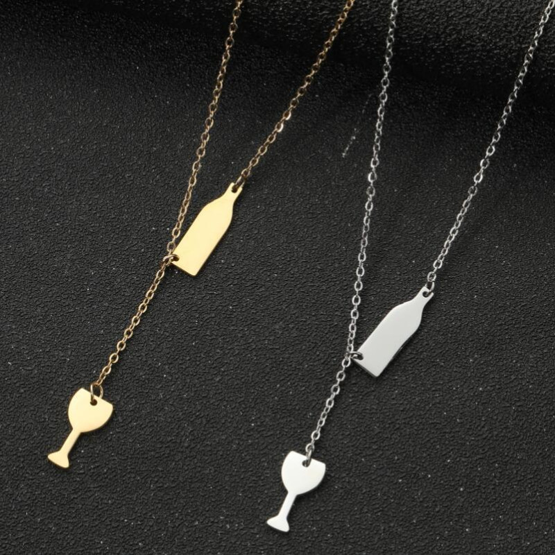 Sweet and fashionable new stainless steel pendant necklace ins women's red wine glass bottle double pendant clavicle chain wholesale
