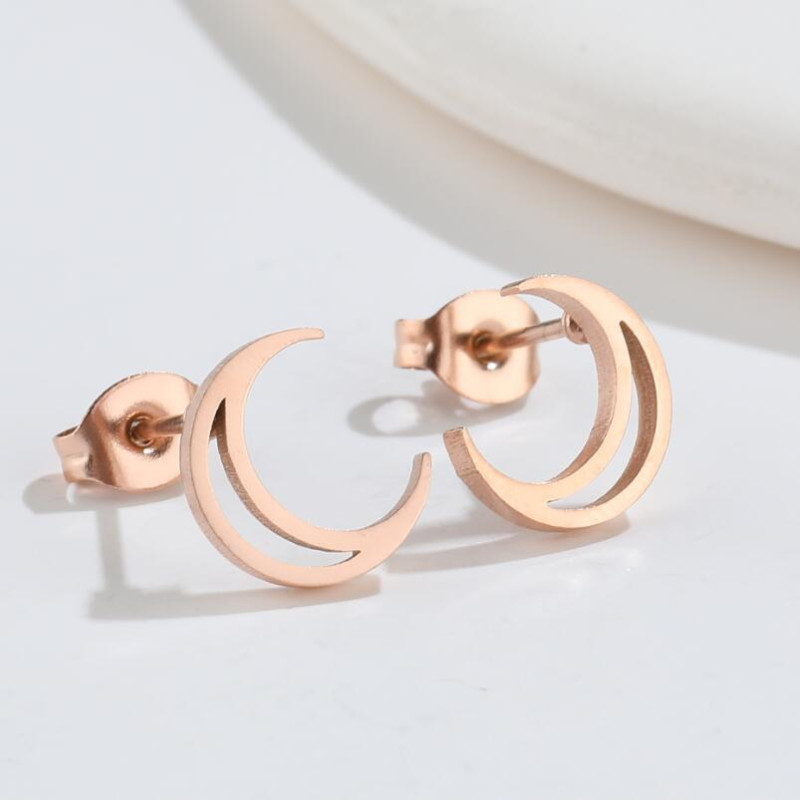 Korean personalized geometric hollow moon earrings, fashionable new stainless steel crescent light luxury simple small earrings