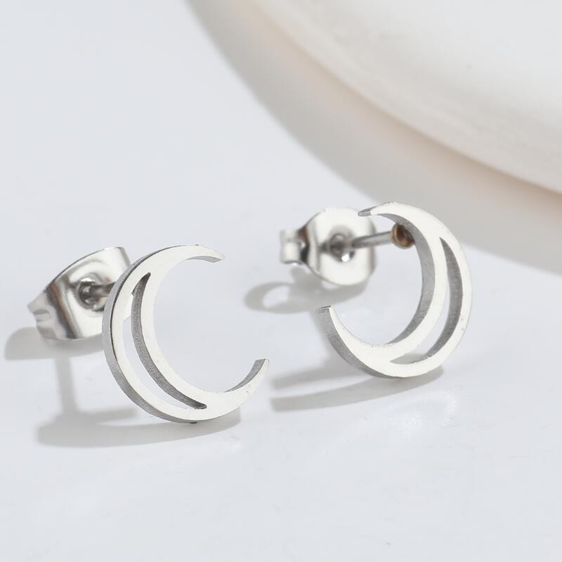 Korean personalized geometric hollow moon earrings, fashionable new stainless steel crescent light luxury simple small earrings