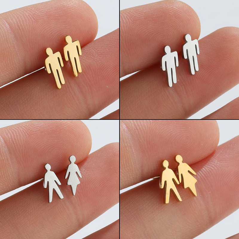 Fashionable and compact mini cartoon people earrings ins new stainless steel asymmetrical earrings for men and women couples wholesale