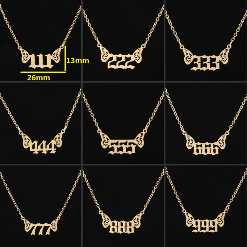 European and American cross-border jewelry stainless steel female niche light luxury angel digital pendant necklace 000-999 butterfly wings