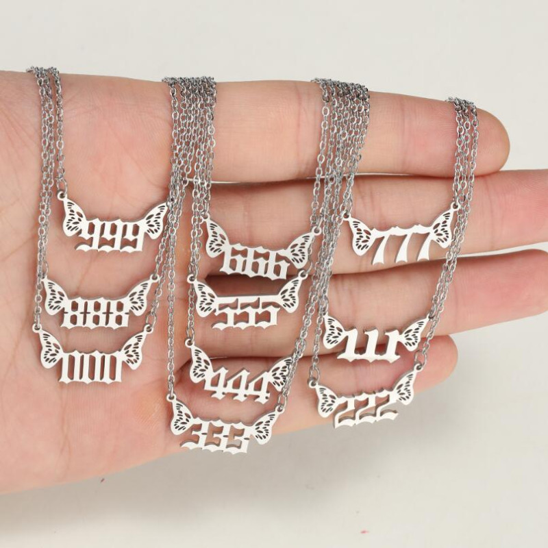 European and American cross-border jewelry stainless steel female niche light luxury angel digital pendant necklace 000-999 butterfly wings