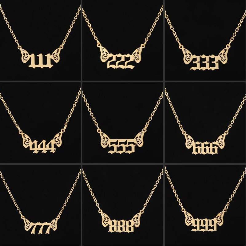 European and American cross-border jewelry stainless steel female niche light luxury angel digital pendant necklace 000-999 butterfly wings