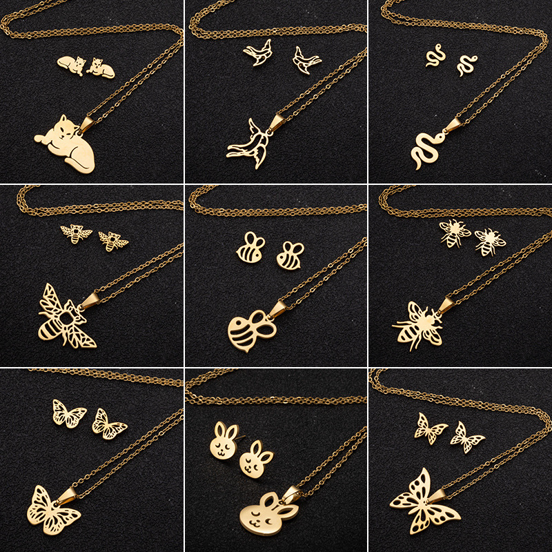 Foreign trade stainless steel new jewelry women's cute snake bee butterfly necklace earrings three-piece jewelry set wholesale
