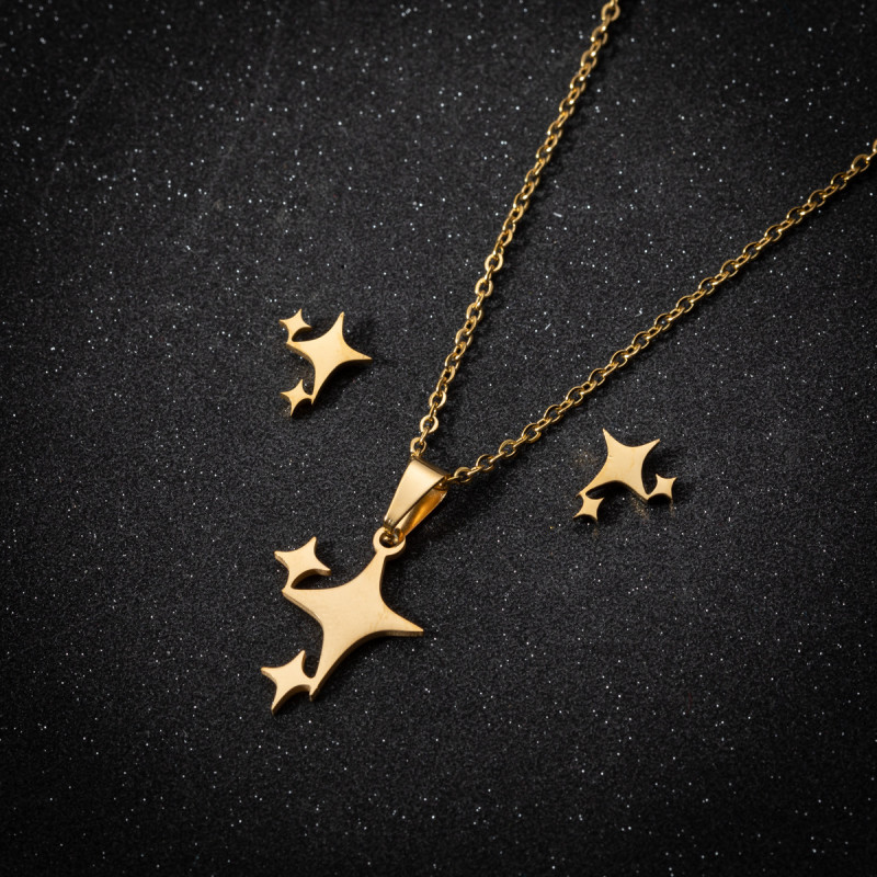 Jewelry set European and American stainless steel new geometric simple five-pointed star pendant necklace and earrings three-piece set