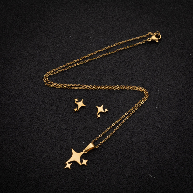 Jewelry set European and American stainless steel new geometric simple five-pointed star pendant necklace and earrings three-piece set