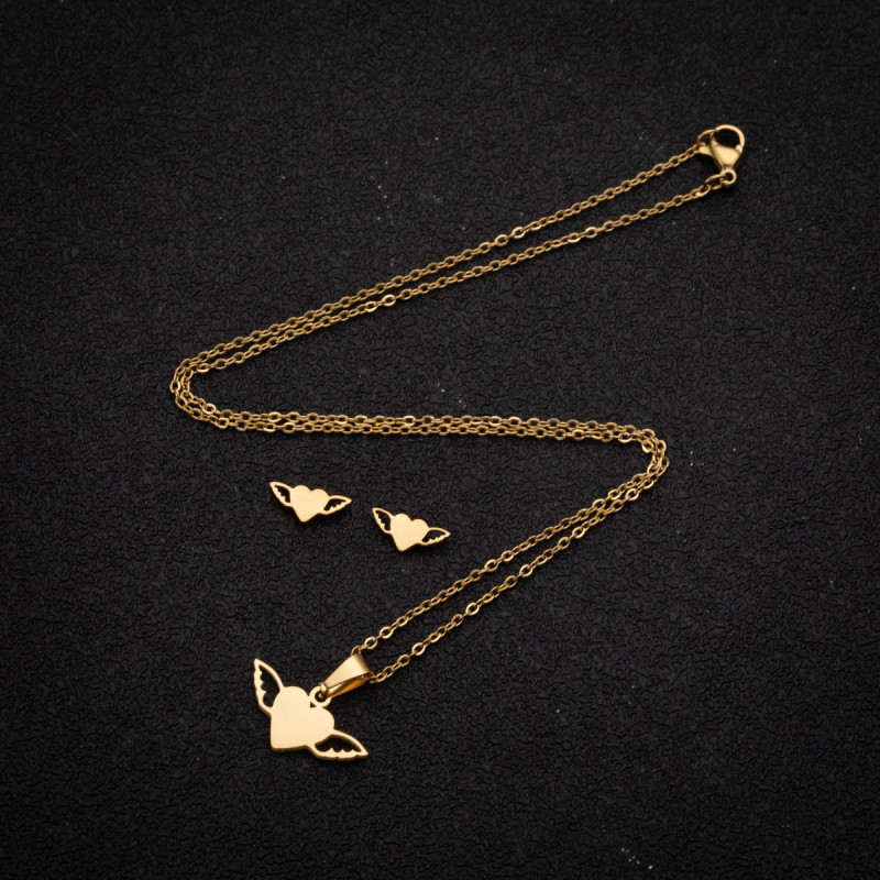 Fashionable stainless steel simple geometric jewelry European and American personalized love-shaped wings pendant necklace earrings wholesale