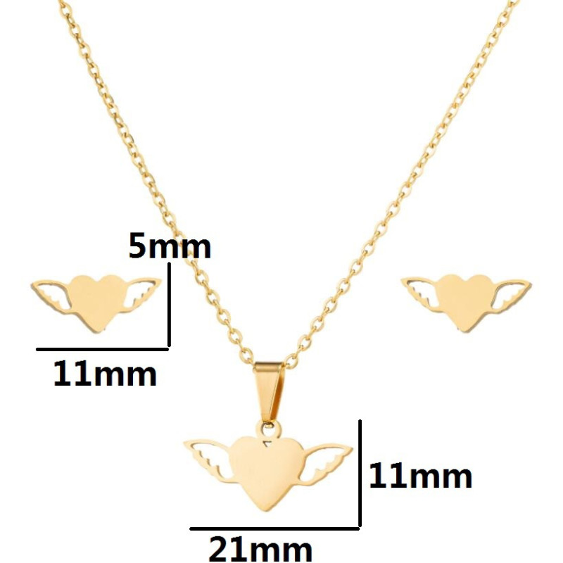 Fashionable stainless steel simple geometric jewelry European and American personalized love-shaped wings pendant necklace earrings wholesale